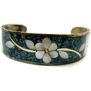 Inlay Cuff Bracelet Alpaca Silver Mexico Inlay Mop Turquoise Daisy Flower Mosaic